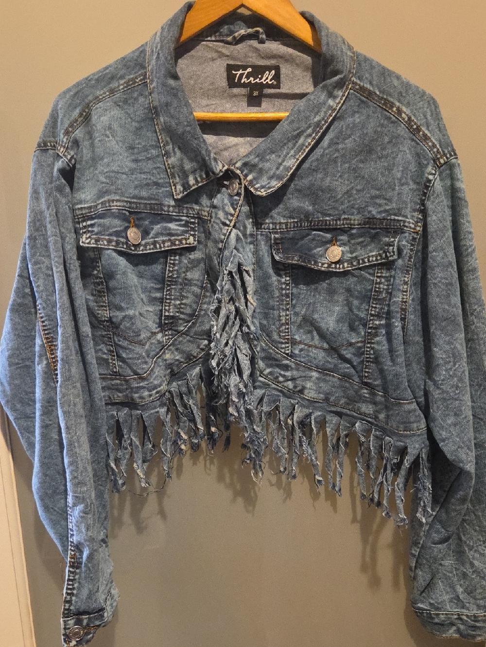 Thrill Light Blue Distressed Fringe Cropped Denim Jacket